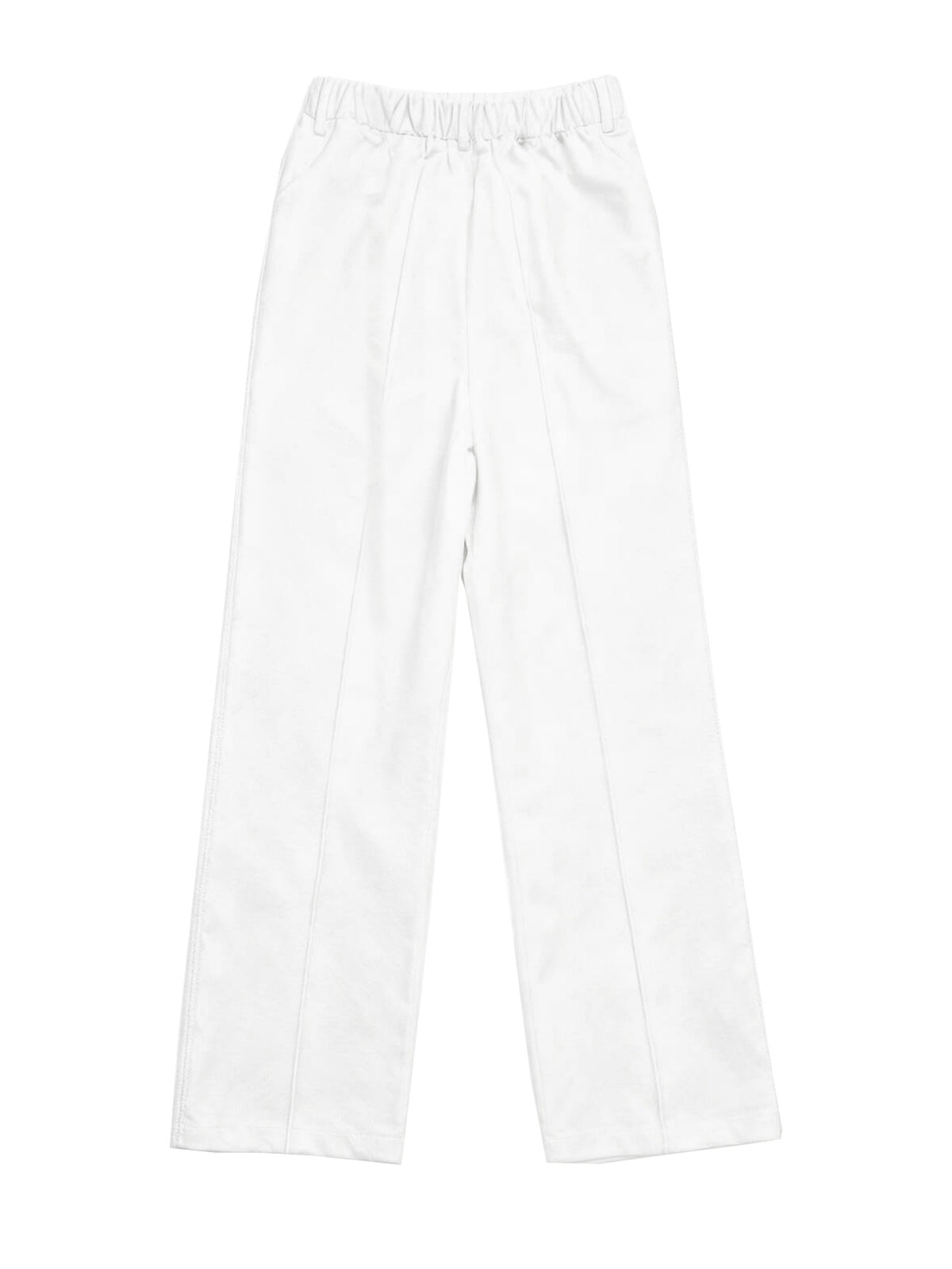 White wide-leg trousers with an elastic waistband, shown flat against a white background.
