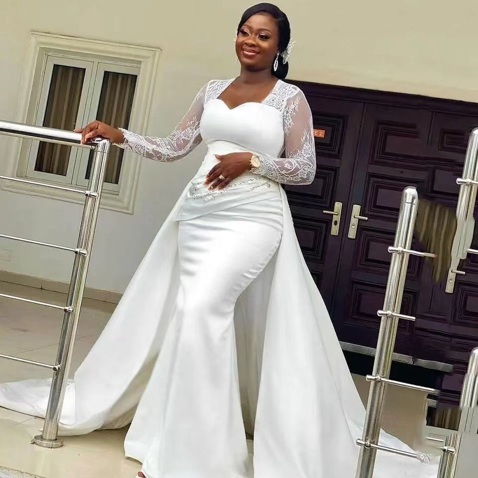Elegant slim high waist white satin wedding dress with a sleek silhouette, ideal for bridal parties and wedding ceremonies.