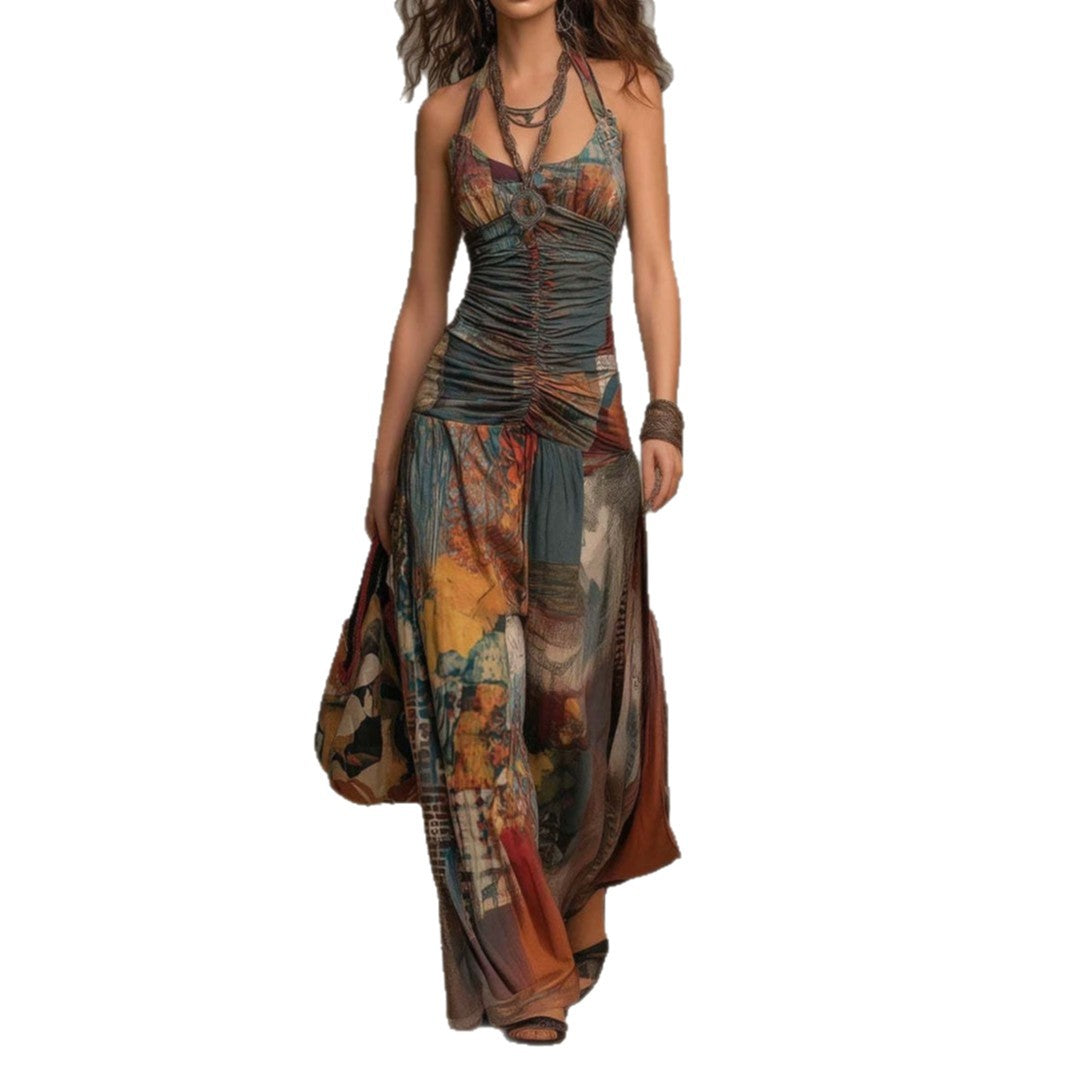 French Oil Painting Print Vintage Off-Shoulder Sexy Jumpsuit for Women Summer Hot Deal Warehouse