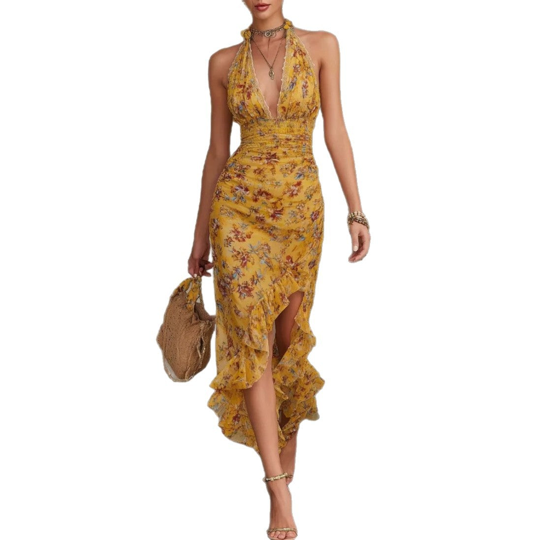 French Vintage Yellow Floral Halter Neck Dress Deep V Waist-Cinching Split Ruffle Slimming Elegant Dress Hot Deal Warehouse