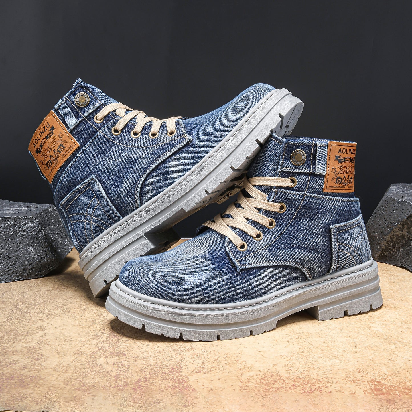 High-top denim board shoes for men with lace-up design and rubber sole.