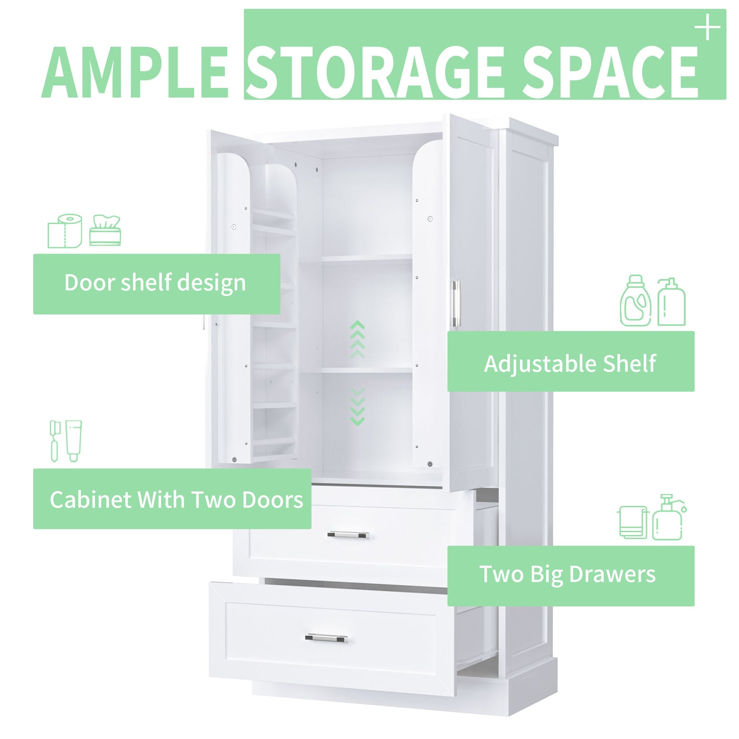 Tall white bathroom cabinet with drawers and double doors