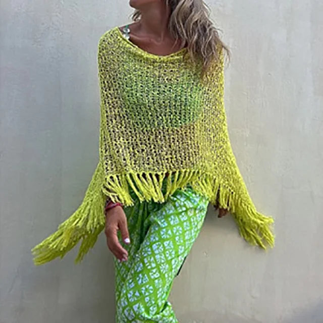 Bohemian Bat Sleeve Tassel Knit Hoodie Cape for Women – Oversized Pullover Sweater