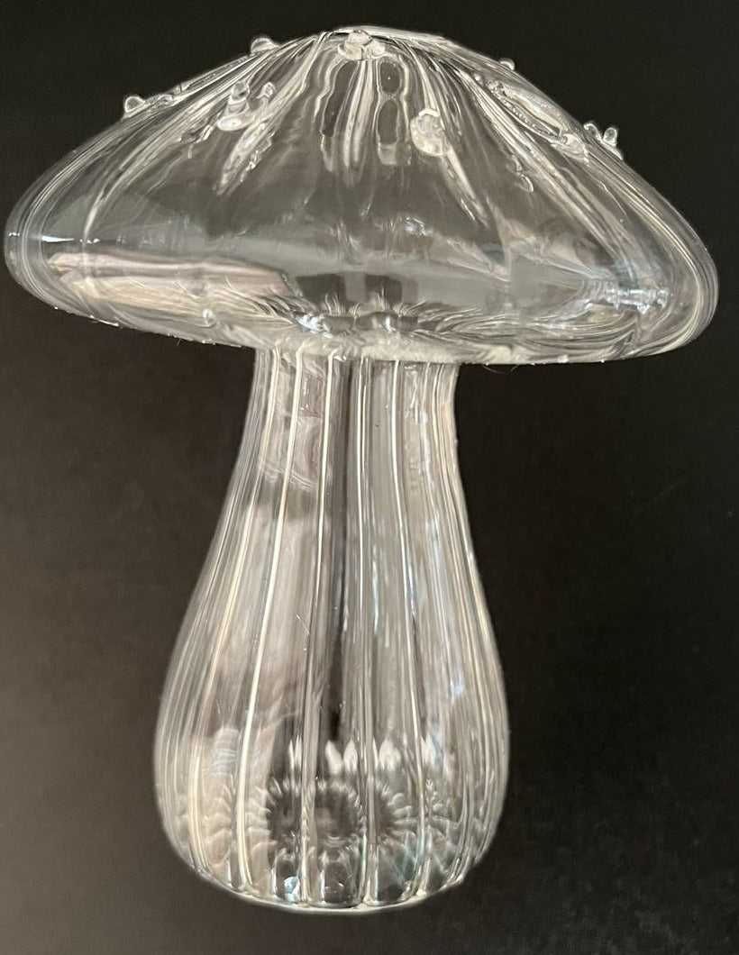 Clear glass mushroom-shaped vase with hydroponic plant and flowers on a minimalist home table