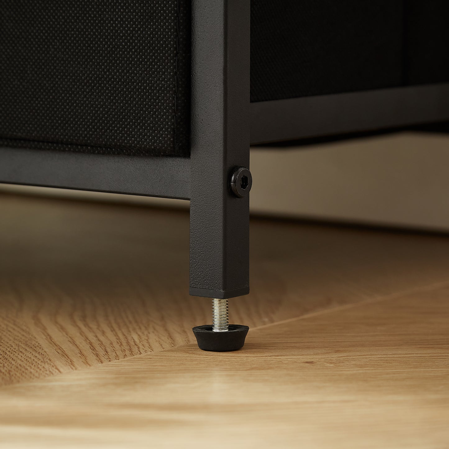 Modern tea table with USB port, outlet, and two drawers, front view