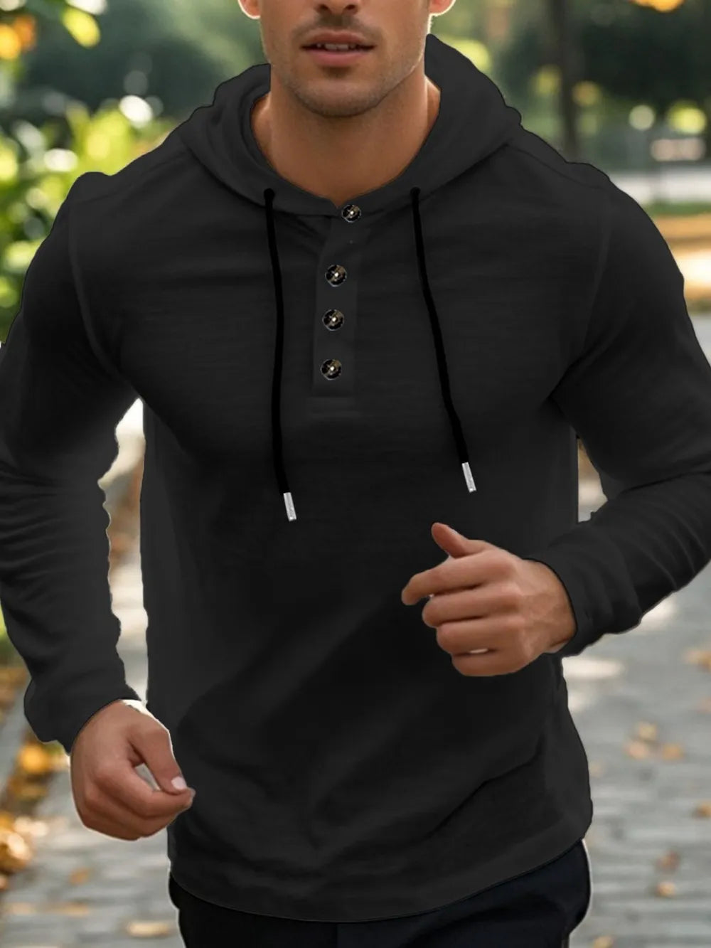 Men’s plus size hoodie with button detail and drawstring hood in long sleeve design.