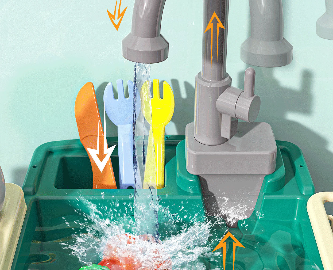 Children's dishwasher toy with automatic water outlet and play dishes in a kitchen play set.