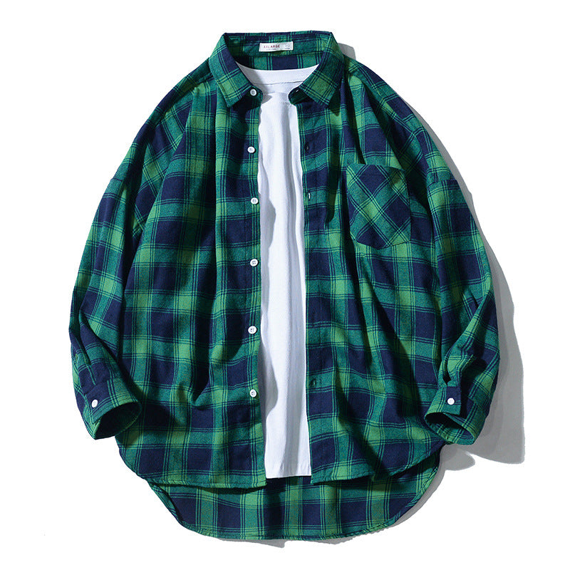 Japanese Style Plaid Long Sleeve Shirt – Loose-fitting workwear jacket with a classic plaid pattern, ideal for layering and casual wear.