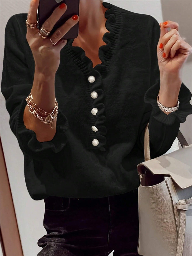Sabina V-neck Ruffled Knitted Sweater Hot Deal Warehouse