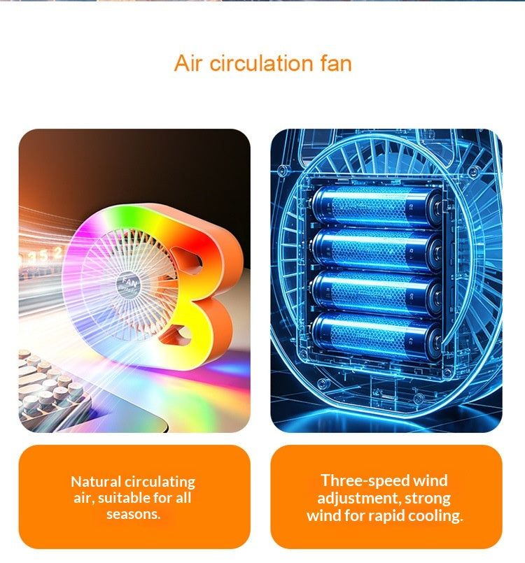 Promotional graphic for an air circulation fan with two panels: one showing a colorful 3D fan icon with rainbow light effects and the text 'Natural circulating air, suitable for all seasons.'; the other showing a blue technical-style internal view with the text 'Three-speed wind adjustment, strong wind for rapid cooling.