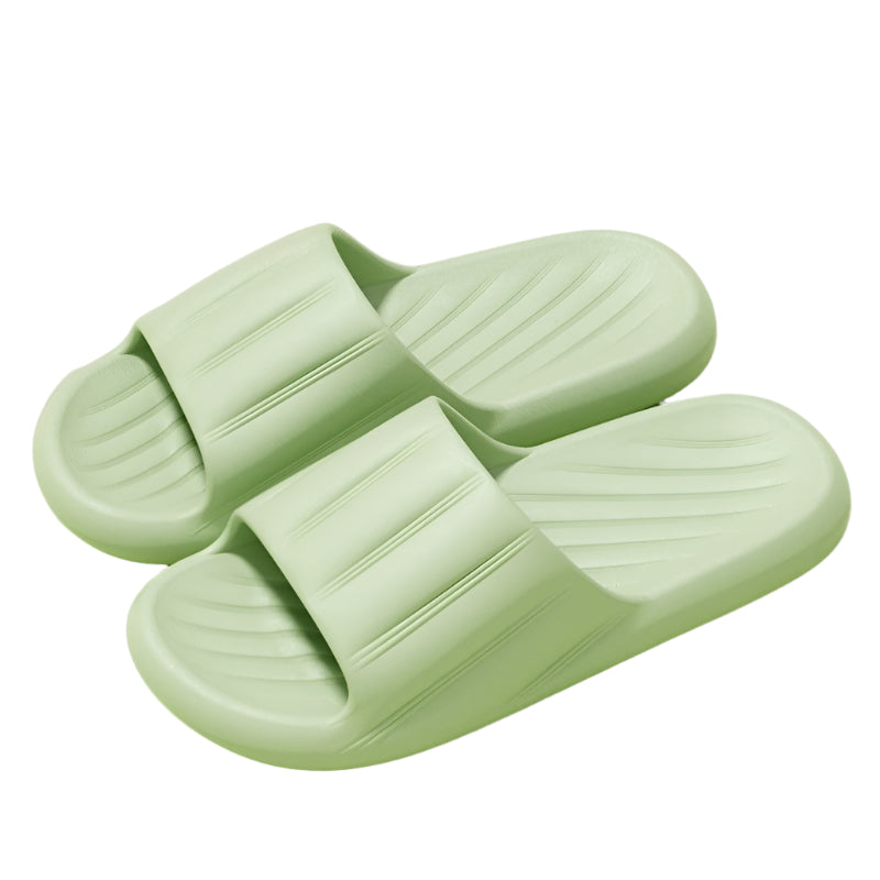 Unisex striped home slippers with thick soles and non-slip bottoms in solid colors.