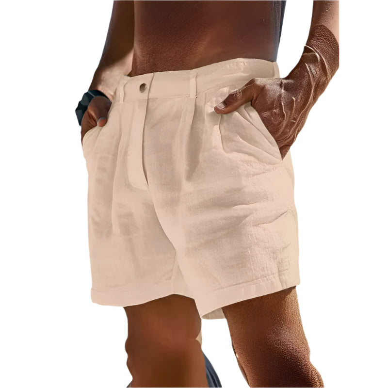 Men’s lightweight linen shorts with button pocket, breathable and stylish for summer wear.