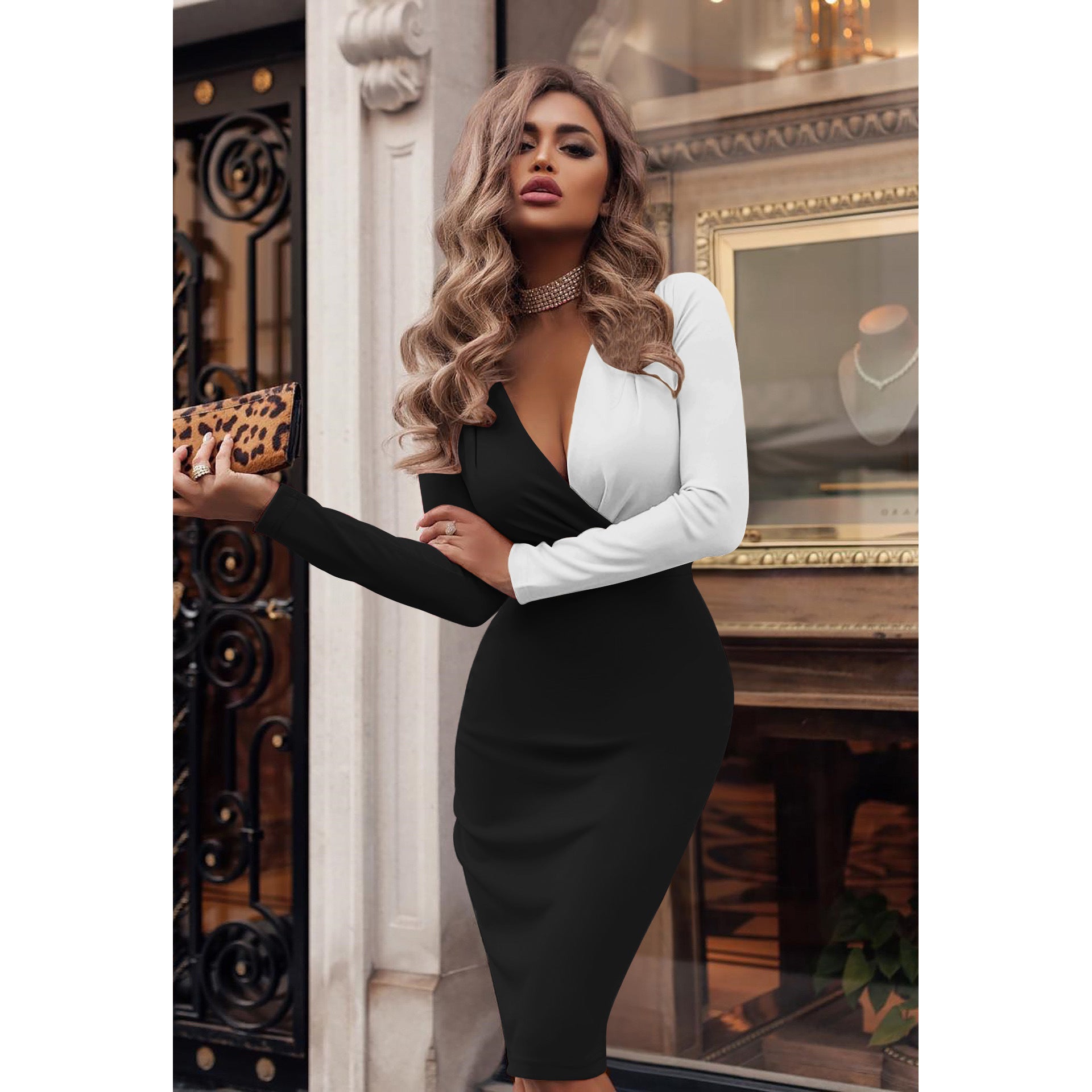 “Emilia Deep V Pleated Long Sleeve Dress – elegant women’s dress with a deep v-neck and pleated long sleeves, perfect for special occasions and evening events – Hot Deal Warehouse fashion”

