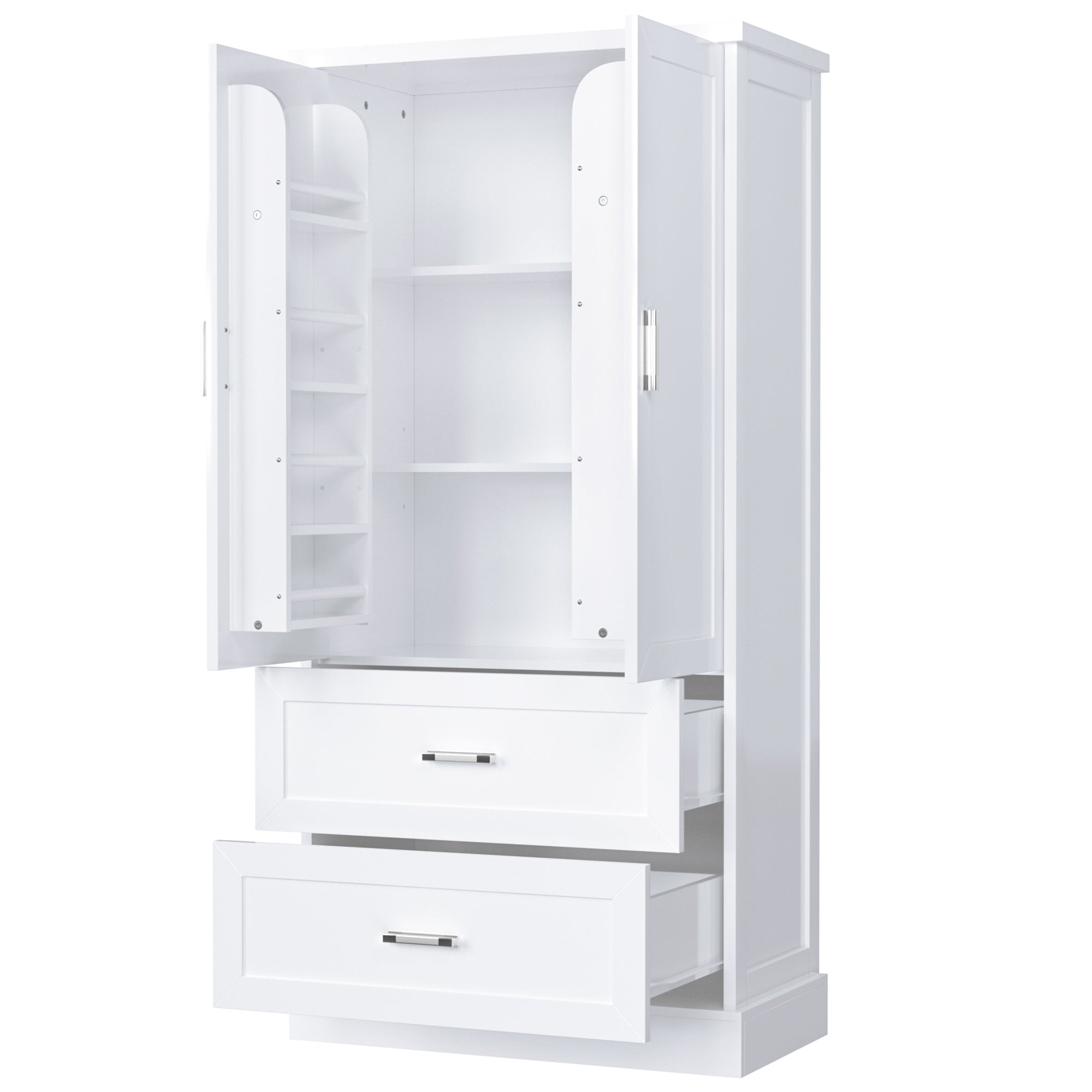 Tall white bathroom cabinet with drawers and double doors