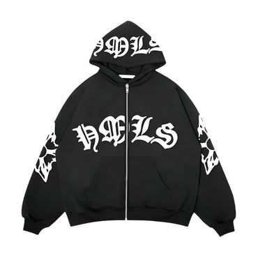 Oversized unisex hoodie with Gothic letter print and zipper – streetwear fashion for men and women.

