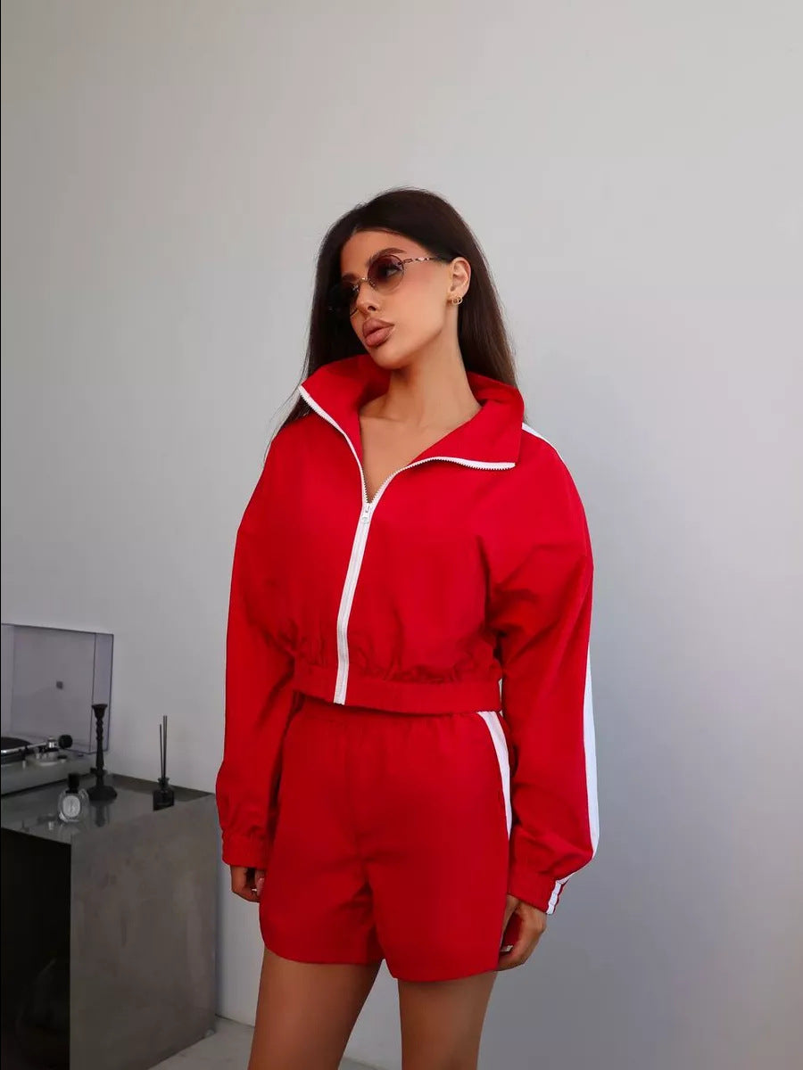 Zippered Long Sleeved Top and Sports Shorts Set Hot Deal Warehouse