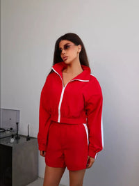 Zippered Long Sleeved Top and Sports Shorts Set Hot Deal Warehouse