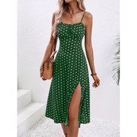 Women’s Polka Dot Print Suspender Dress with sexy slit, summer long dress with adjustable straps.

