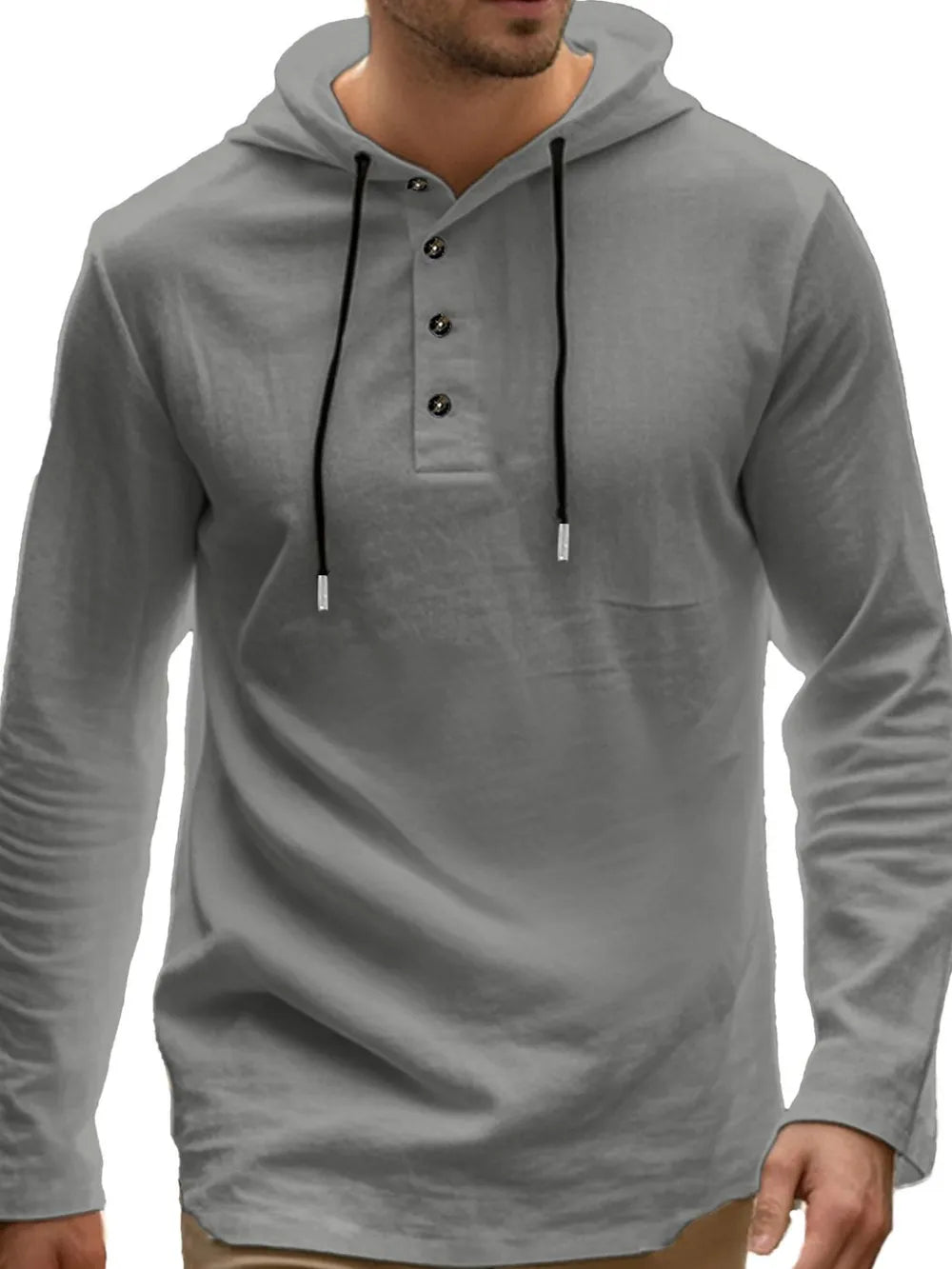 Men’s plus size hoodie with button detail and drawstring hood in long sleeve design.


