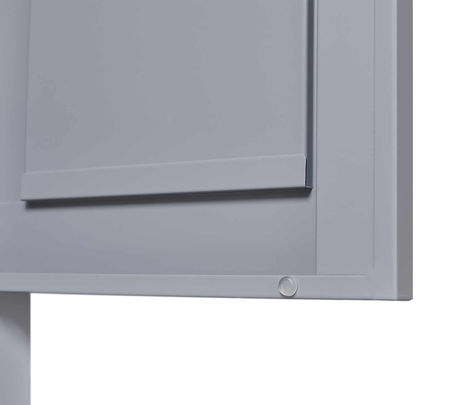 Grey metal kitchen storage cabinet with door and adjustable shelf in a modern kitchen