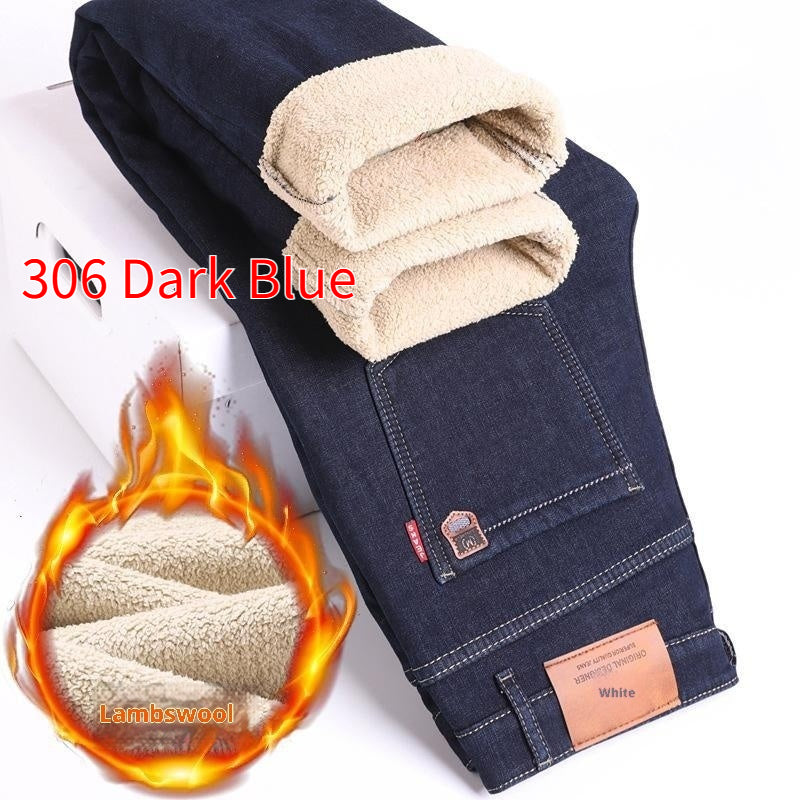 Men's fleece lined jeans with thick cotton denim and warm cashmere lining
