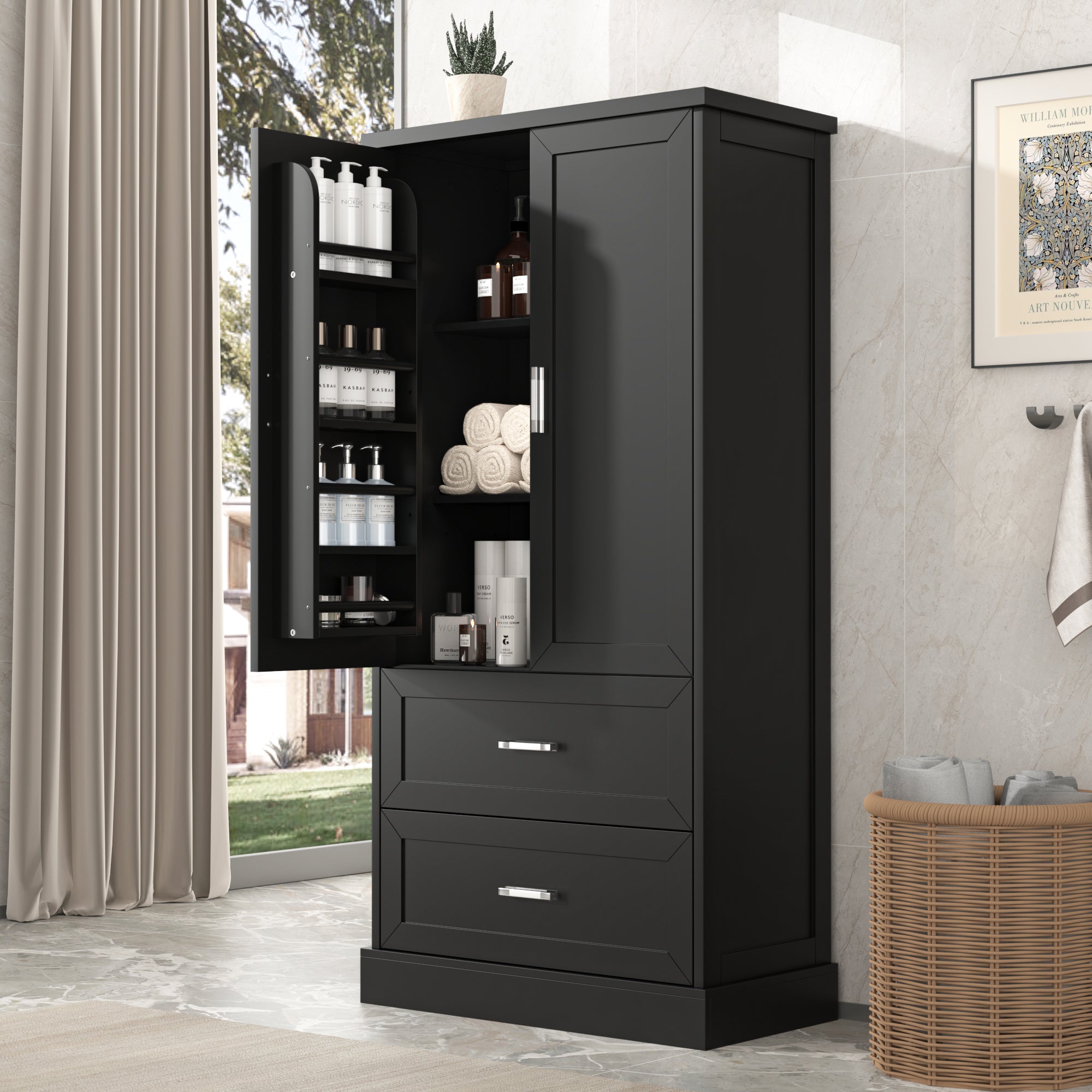 Tall black bathroom storage cabinet with doors and drawers