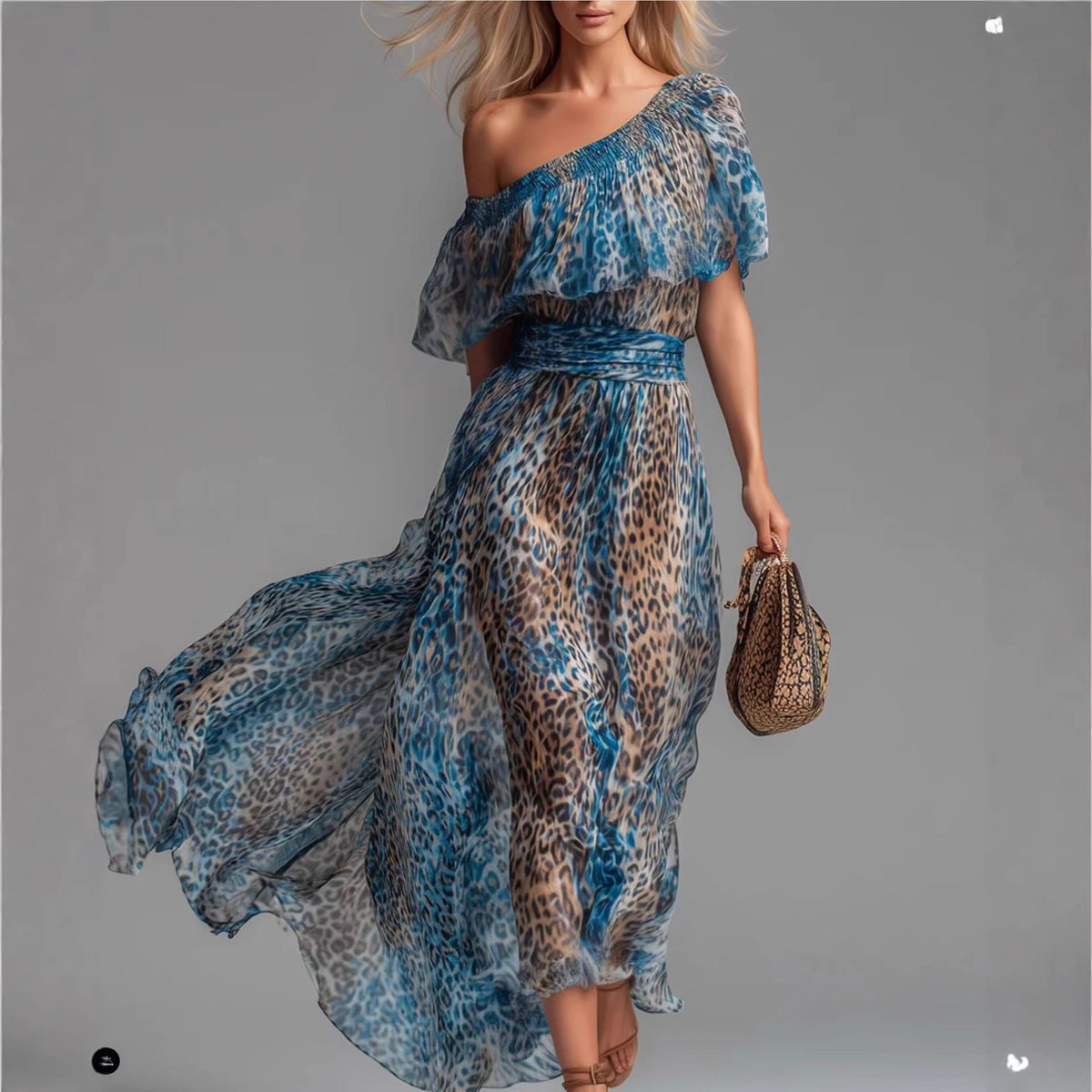 Leopard Print Chiffon Dress with Asymmetrical Shoulder, Ruffle, Waist Cinching, Vacation Long Dress Hot Deal Warehouse