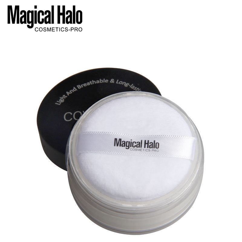Close-up of Makeup Magical Halo Three-Color Concealer Loose Powder with packaging