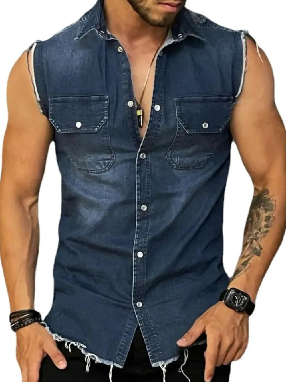 Men's snap button sleeveless denim shirt – Western style casual shirt with chest pockets and frayed armholes.








