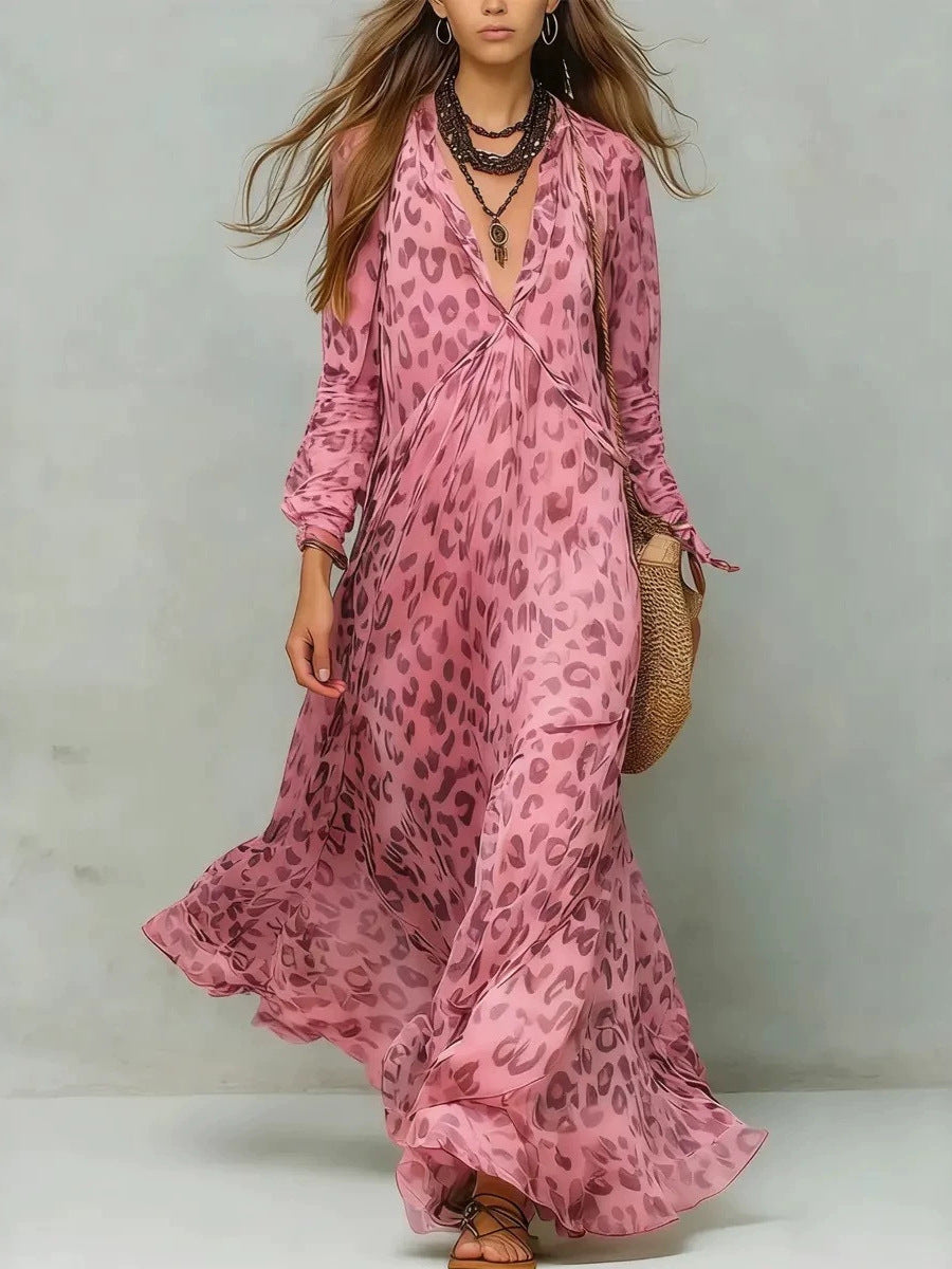 Leopard Print Chiffon Long Dress Deep V-Neck Three-Quarter Sleeve Flared Beach Vacation Dress Hot Deal Warehouse