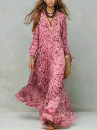 Leopard Print Chiffon Long Dress Deep V-Neck Three-Quarter Sleeve Flared Beach Vacation Dress Hot Deal Warehouse