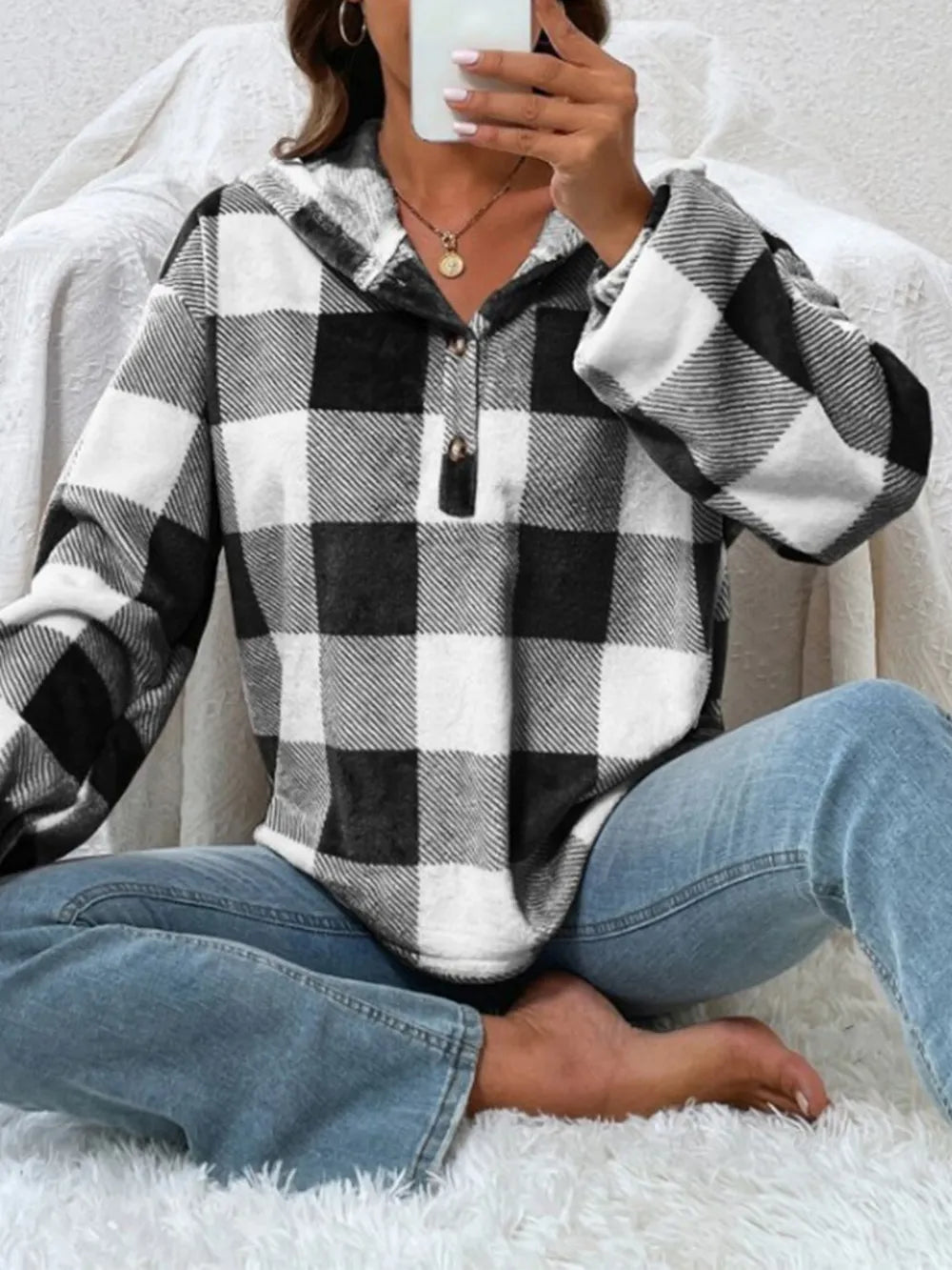 Women's checkered plush hoodie with semi-open collar, front view

