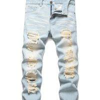 Men's slim-fit motorcycle jeans with zipper detailing and ripped distressed denim