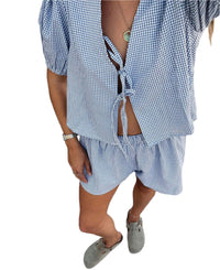 Stay stylish and comfortable with the Women's Plaid Striped Elastic Cuff Casual Fashion Tops & Shorts Suit. Perfect for casual wear, lounging, or outings.

