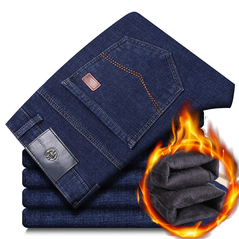 Men's warm loose straight-leg casual pants in stretchy cotton fabric