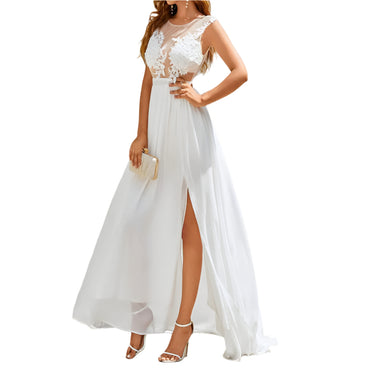 Elegant chiffon lace wedding dress with a large swing skirt and flowing train, perfect for a romantic and sophisticated bridal look.

