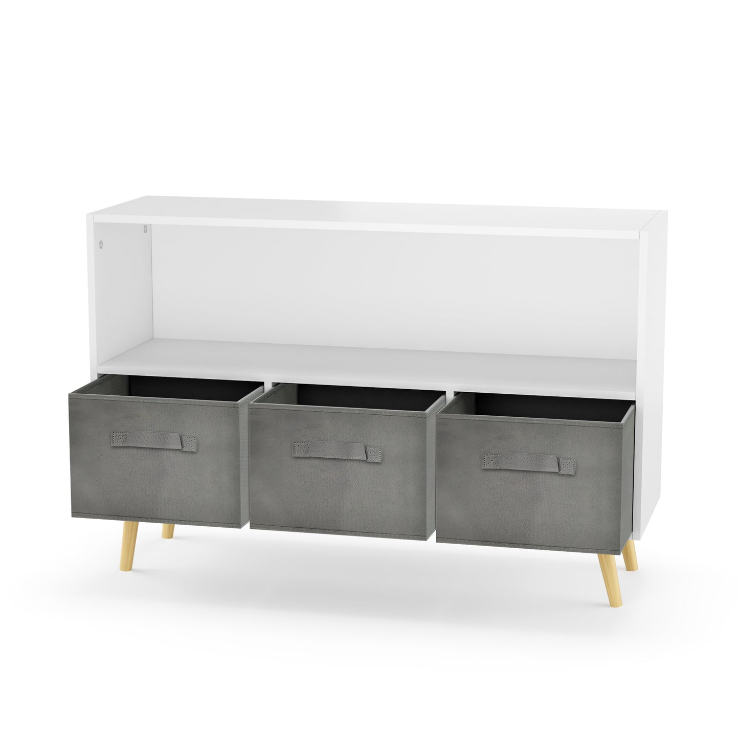 White kids bookcase with gray fabric drawers and books displayed