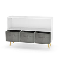 White kids bookcase with gray fabric drawers and books displayed