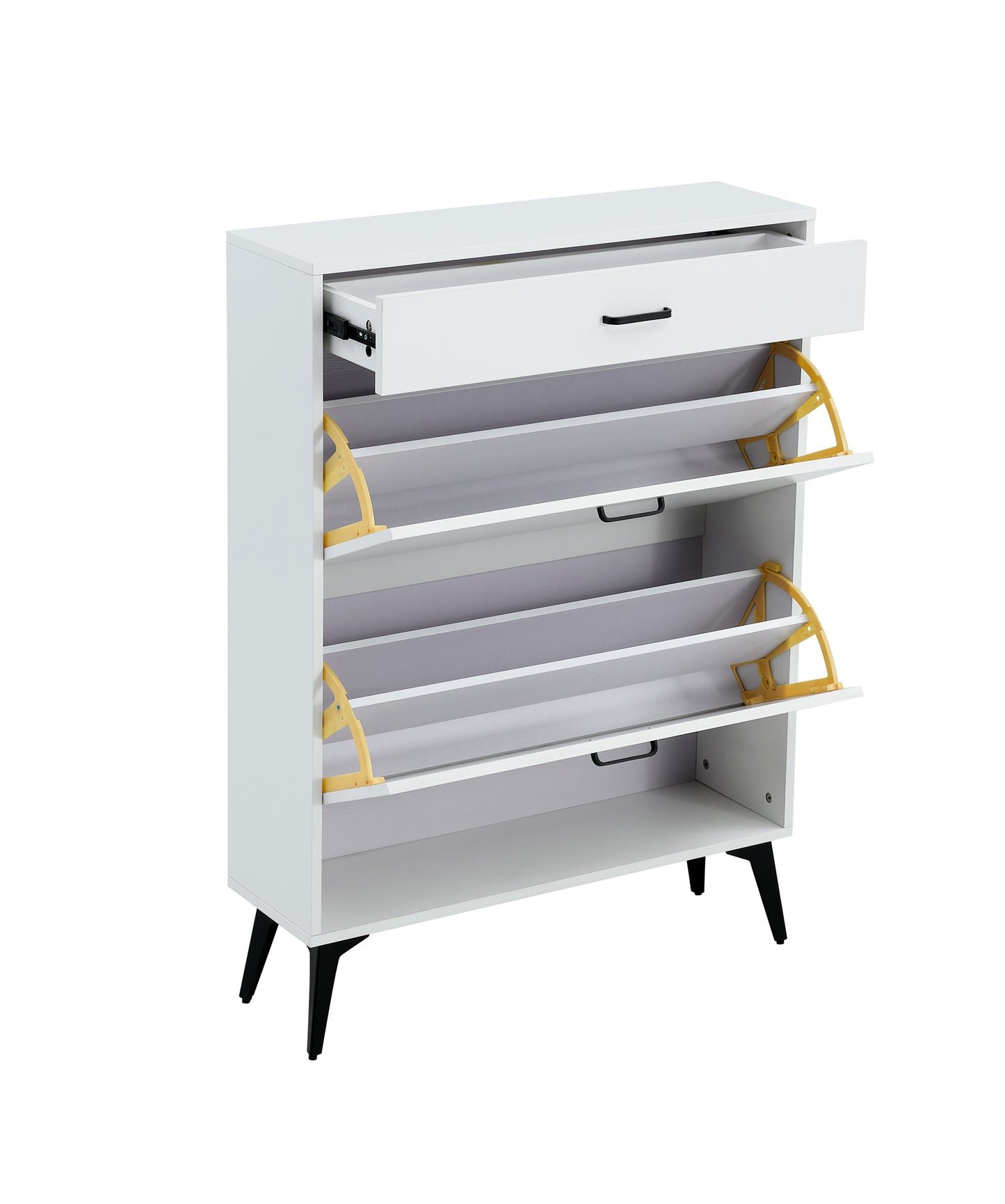 White shoe cabinet with open shelves and metal legs