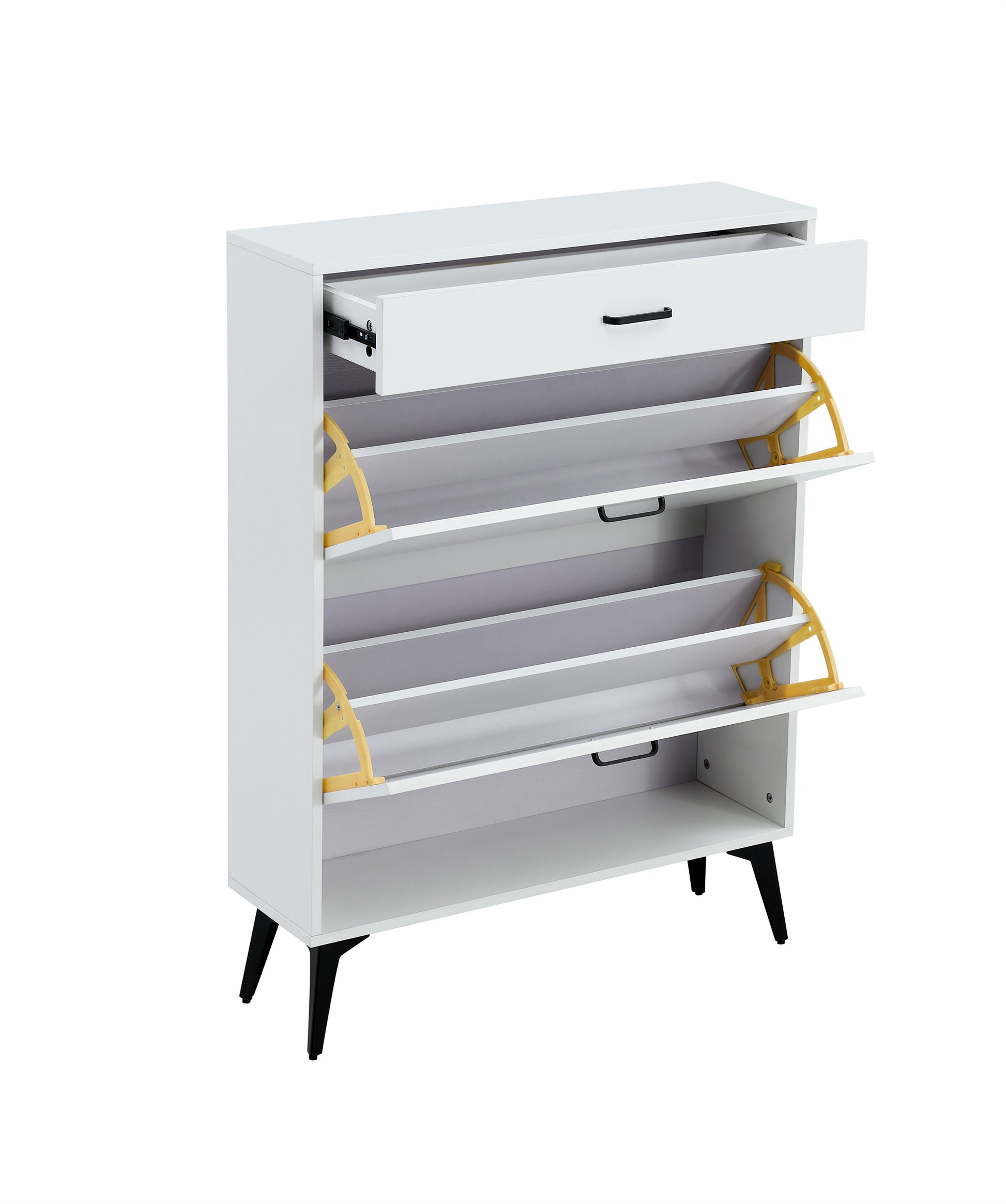 White shoe cabinet with open shelves and metal legs