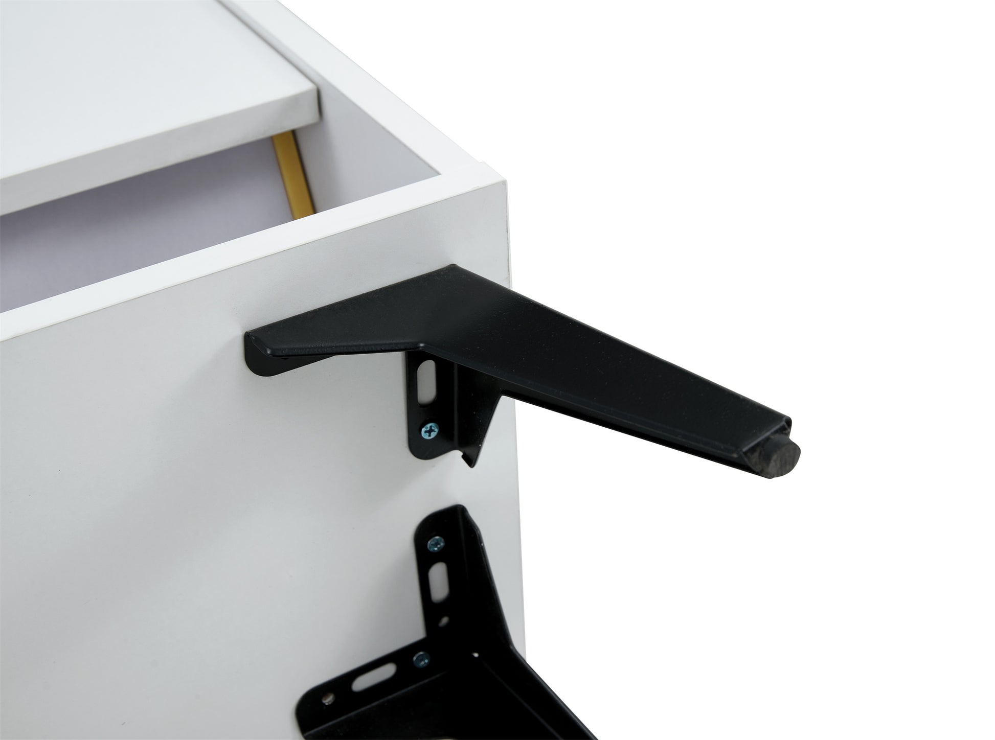 White shoe cabinet with open shelves and metal legs