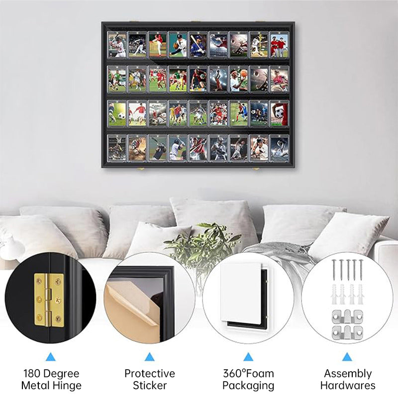 Wood-framed sports card display case mounted on wall