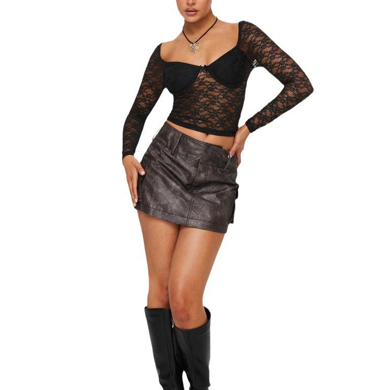 Front view of women’s lace sweetheart neck long sleeve t-shirt with fitted silhouette