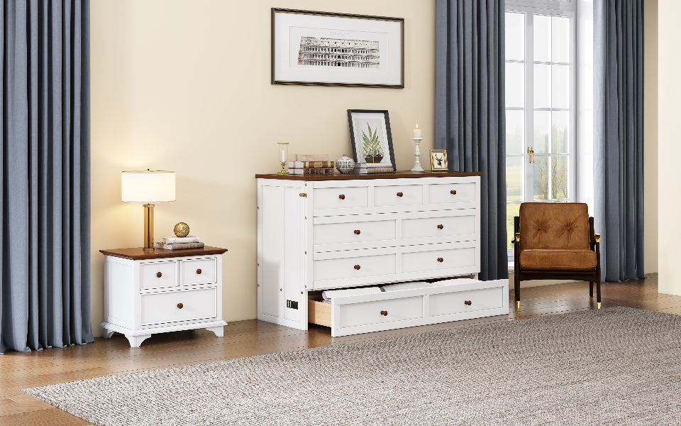 White and walnut queen Murphy bed chest in closed position