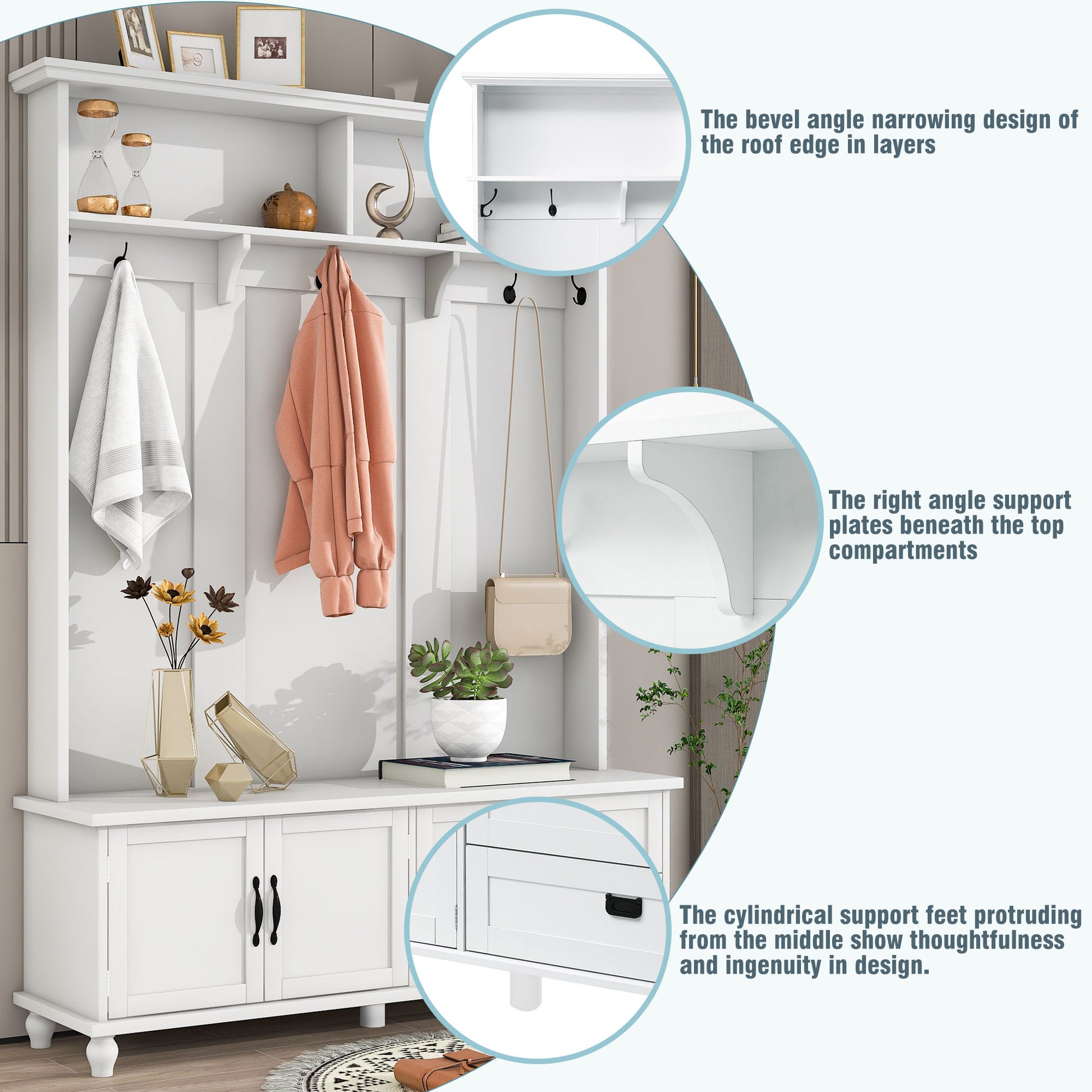 ON-TREND white hall tree with bench, coat hooks, drawers, and cabinet