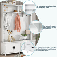 ON-TREND white hall tree with bench, coat hooks, drawers, and cabinet