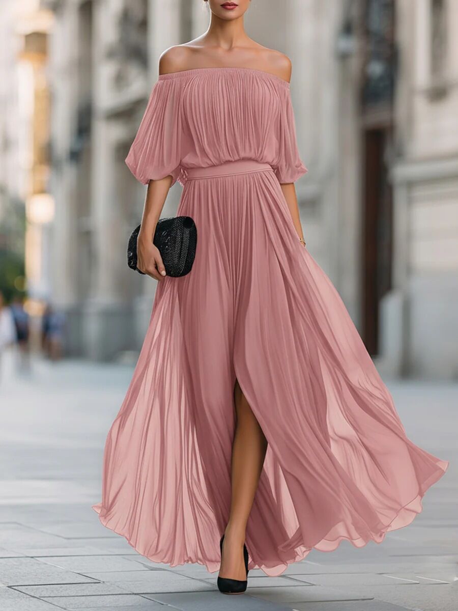 New Black Chiffon Maxi Dress with Split, One-Shoulder Design, Flowing and Draping Skirt
