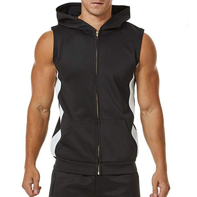 "Men’s zipper splicing sports hooded vest featuring a stylish, color-block design. Made from breathable, moisture-wicking fabric, the vest includes a front zipper closure, adjustable hood, and a fitted cut, ideal for workouts or casual athleisure wear."