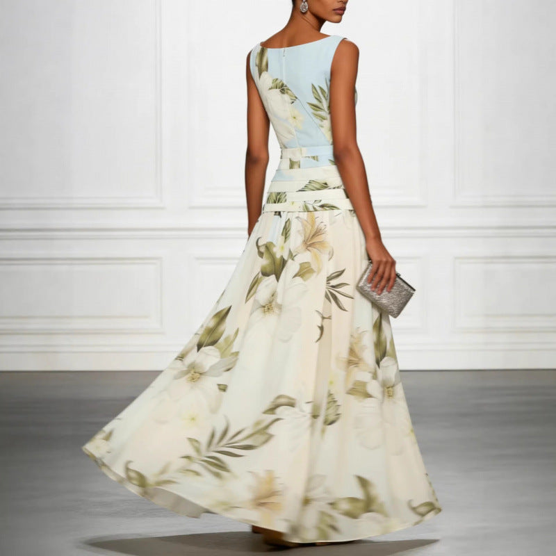 V-neck floral print women's dress sleeveless backless waist cinching long skirt Hot Deal Warehouse