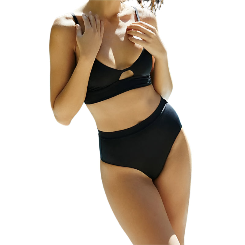 Surf Siren high-waist bikini featuring a retro-inspired design with a flattering high-waisted bottom for added comfort and support. Made from stretchy, durable fabric, perfect for beach days, poolside lounging, and stylish summer fun.